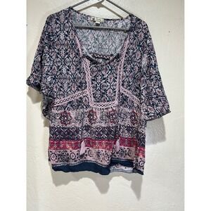 Unity World Wear Womens Navy Pink Floral Paisley Boho Crochet Tassel Top XL